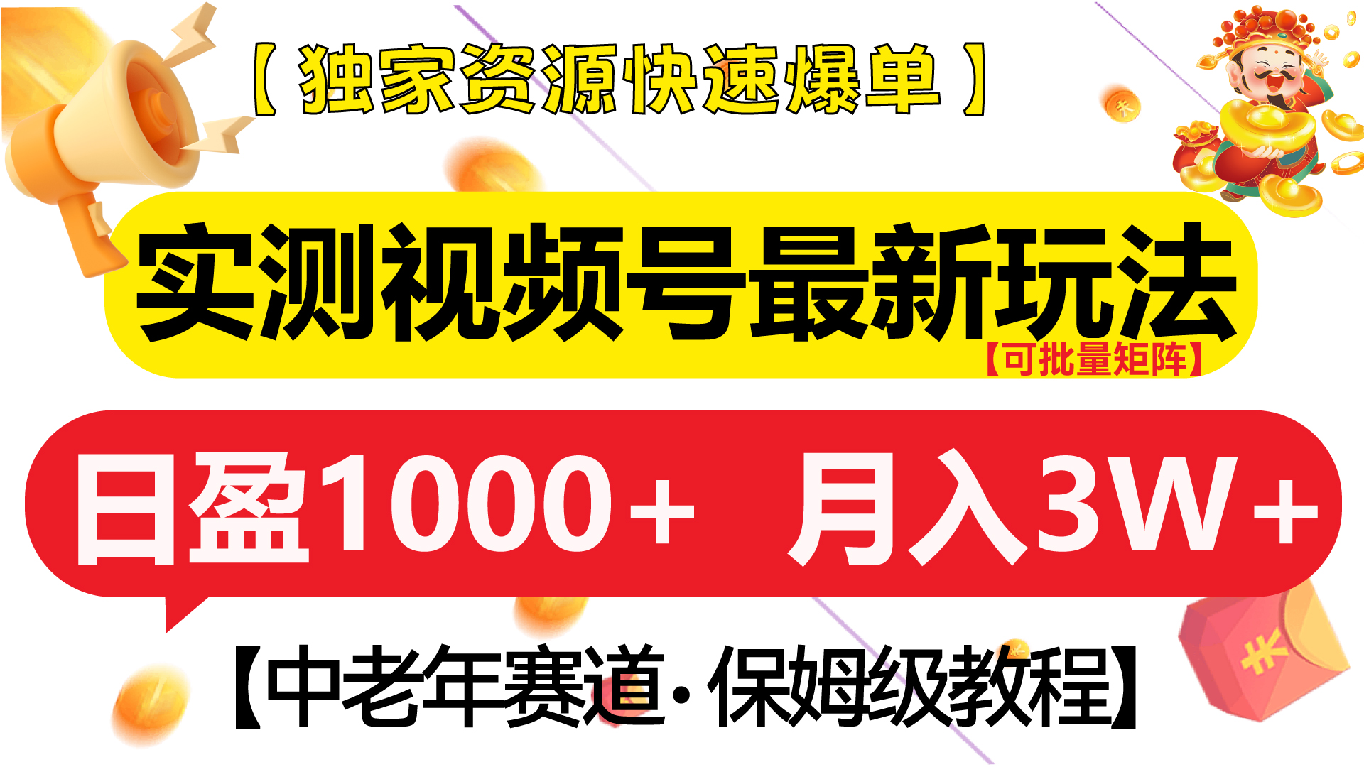 实测视频号最新玩法 中老年赛道独家资源快速爆单  可批量矩阵 日盈1000+  月入3W+  附保姆级教程-盈途副业网