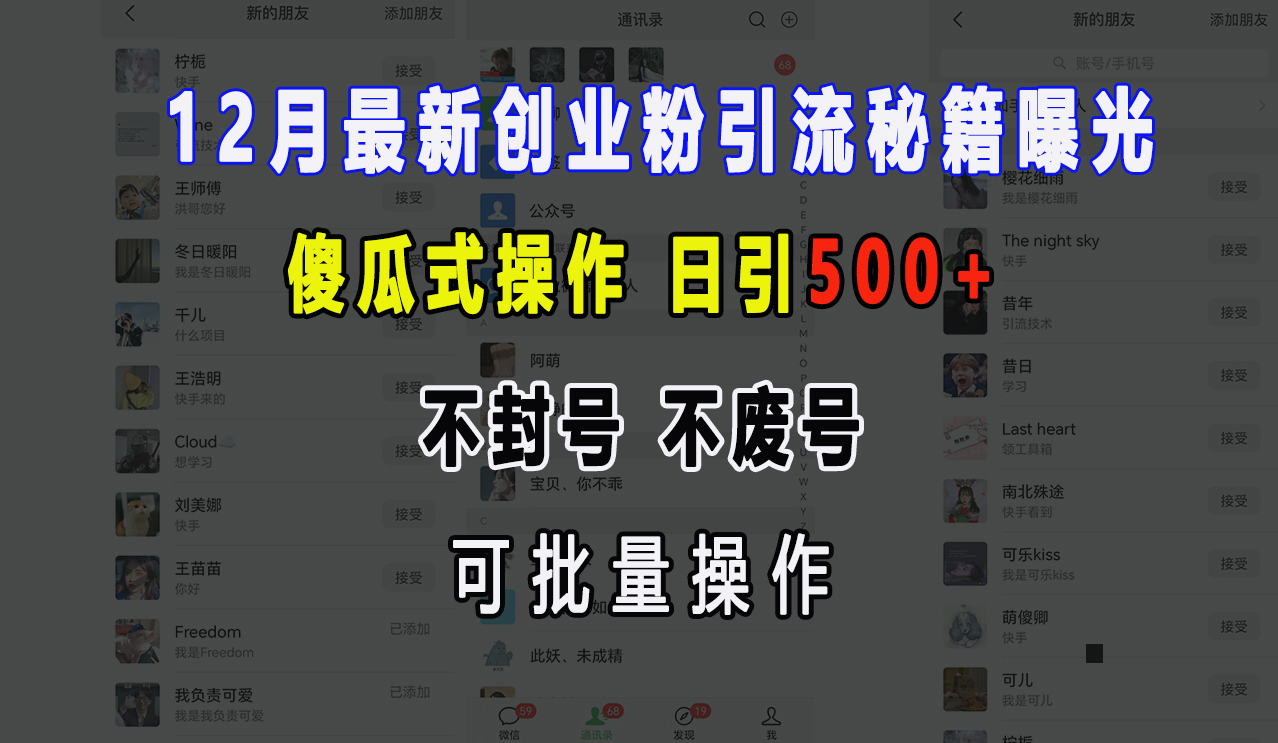 12月最新创业粉引流秘籍曝光 傻瓜式操作 日引500+ 不封号，不废号，可批量操作！-盈途副业网
