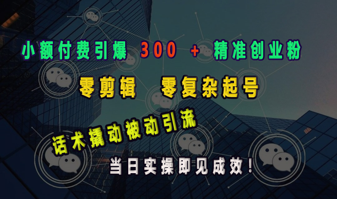 小额付费引爆 300 + 精准创业粉，零剪辑、零复杂起号，话术撬动被动引流，当日实操即见成效！-盈途副业网