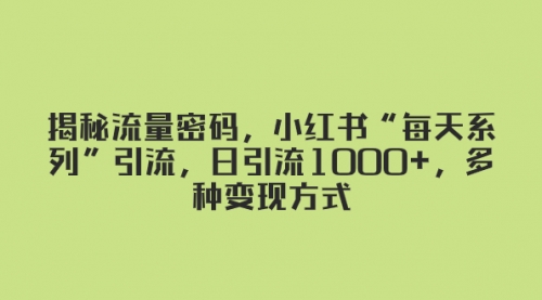 【副业项目8381期】揭秘流量密码，小红书“每天系列”引流，日引流1000+，多种变现方式-盈途副业网