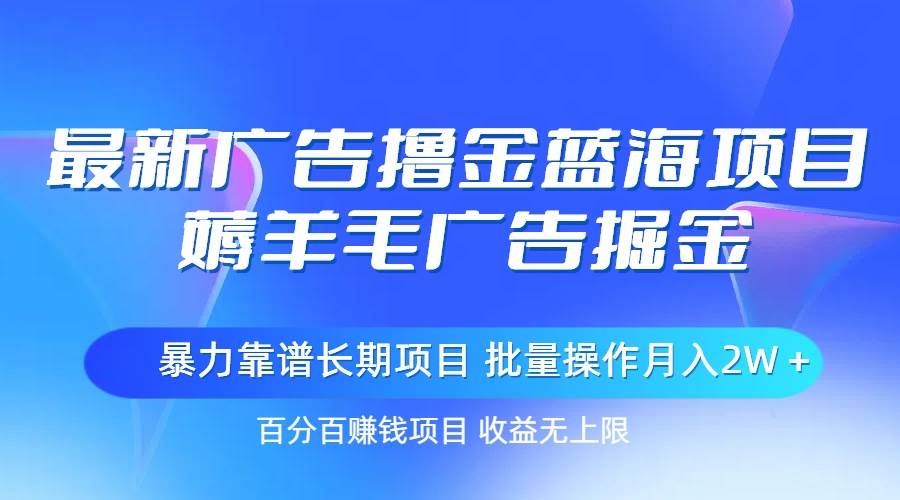 最新广告撸金蓝海项目，薅羊毛广告掘金 长期项目 批量操作月入2W＋-盈途副业网