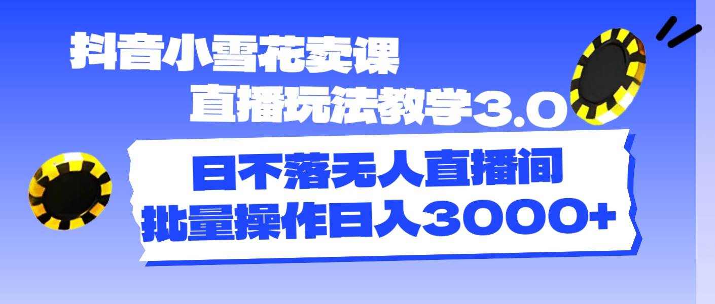 抖音小雪花卖课直播玩法教学3.0，日不落无人直播间，批量操作日入3000+-盈途副业网