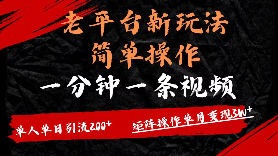 老平台，新玩法，简单操作，一分钟一条视频，单人单人引流200+矩阵操作，单月变现3W-盈途副业网
