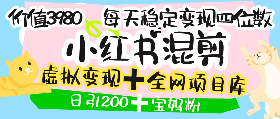 价值3980的小红书混剪， 虚拟变现 ＋全网项目库 ， 日引200+宝妈创业粉，每天稳定四位数变现-盈途副业网