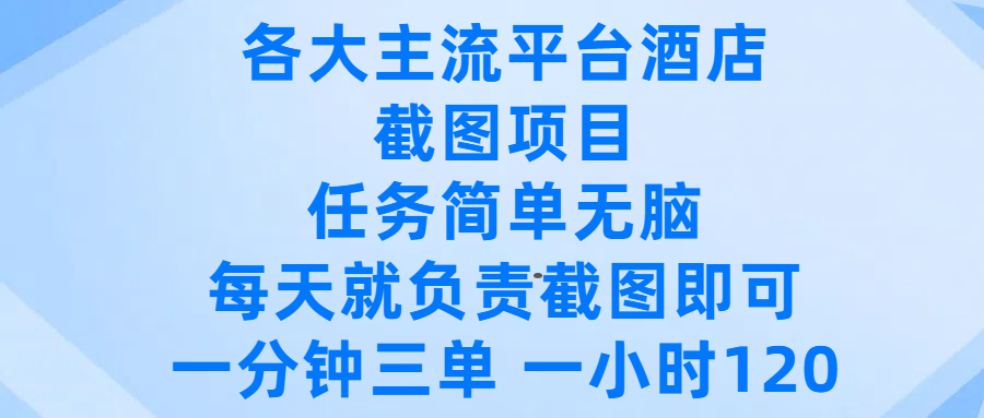 各大主流平台酒店截图项目，任务简单无脑，每天就负责截图即可，一分钟三单 ，一小时可以做120-盈途副业网
