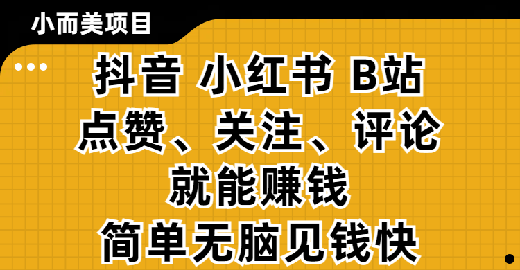 小而美的项目,抖音、小红书、B站视频点赞、关注、评论就能赚钱,简单无脑立见收益!妥妥的零撸项目-盈途副业网