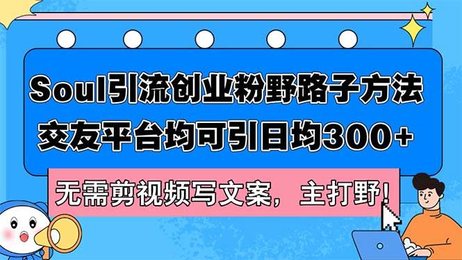 Soul引流创业粉野路子方法，交友平台均可引日均300+，无需剪视频写文案…-盈途副业网